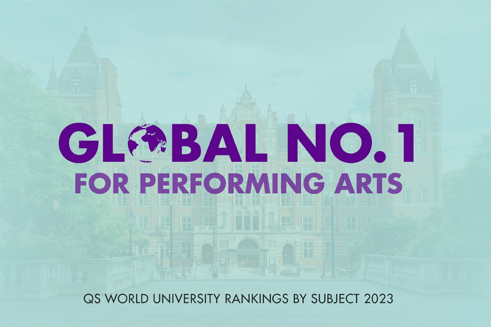 A pale blue background filter over a picture of the Royal College of Music, with the title "Global number 1 for performing arts", with a small, black subheading "QS World Rankings by Subject 2023".